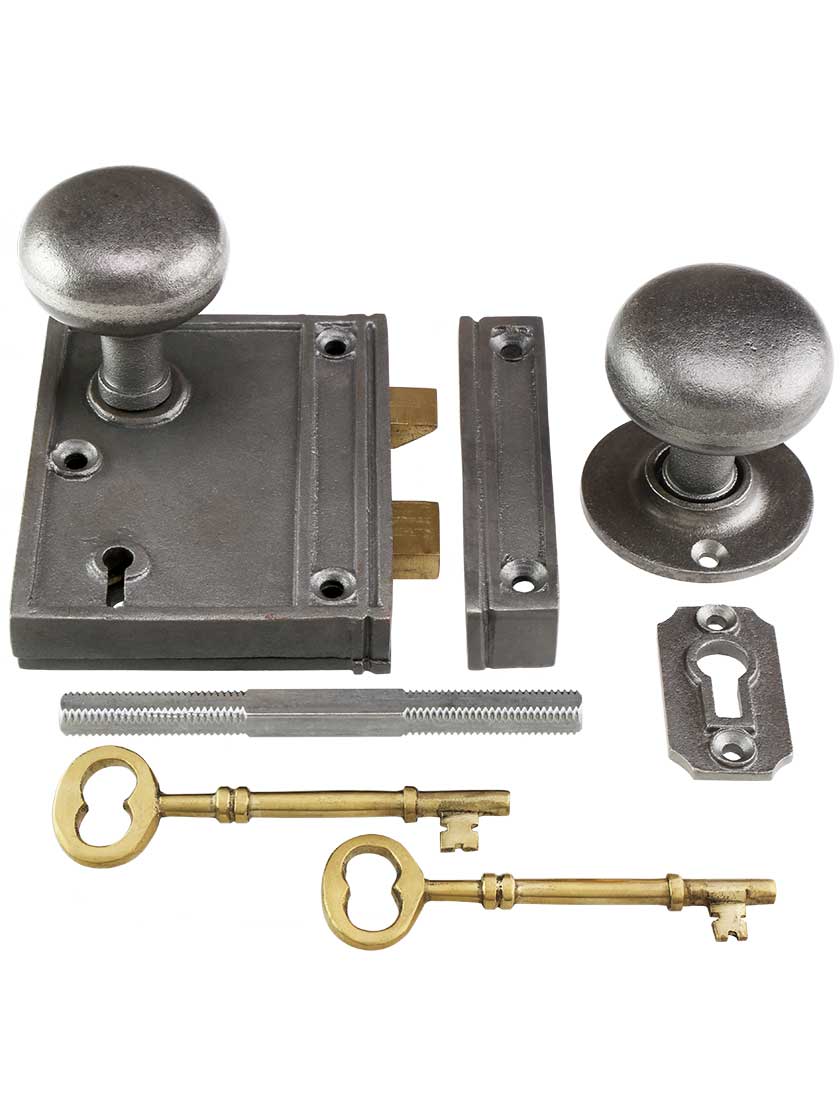 Cast Iron Vertical Rim Lock Set with Small Iron Knobs House of Antique Hardware
